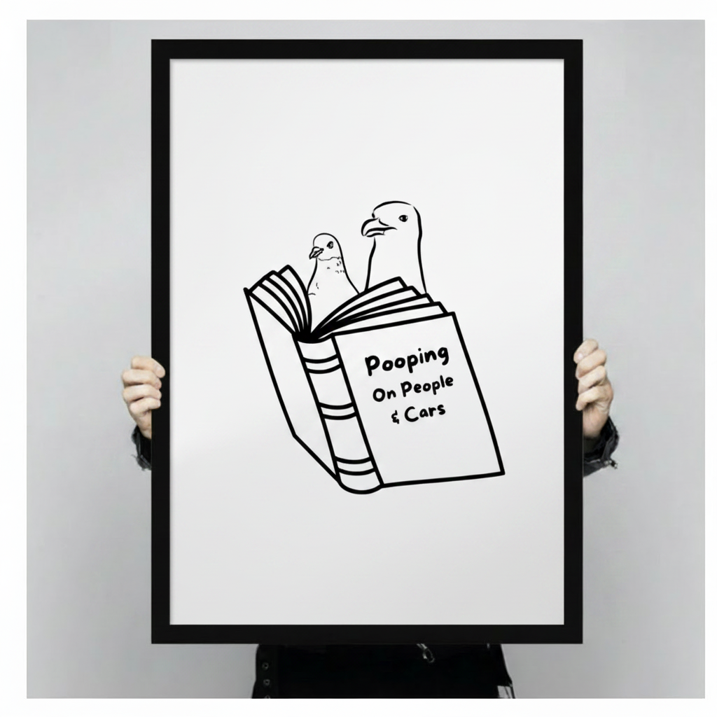 Hand-held close-up of funny seagull Pooping On People and Cars black framed art print, detailed view of minimalist bird line drawing with bold text, humorous animal wall decor