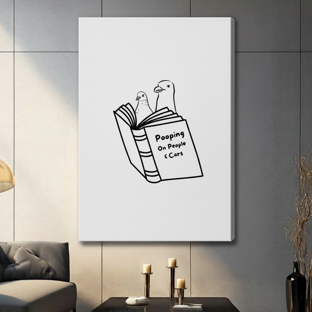 Humorous seagull duo reading Pooping On People and Cars canvas wall art unframed, minimalist black line drawing on white background, gallery wrap print for living room decor
