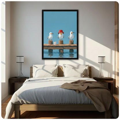 Square black framed seagull illustration above bed in sunlit bedroom, three birds on wooden dock with blue sky background