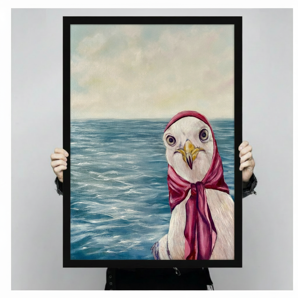Hand-held display of a black-framed canvas art print featuring a close-up oil painting of a seagull in a red headscarf and scarf against a shimmering blue ocean — coastal bird wall art