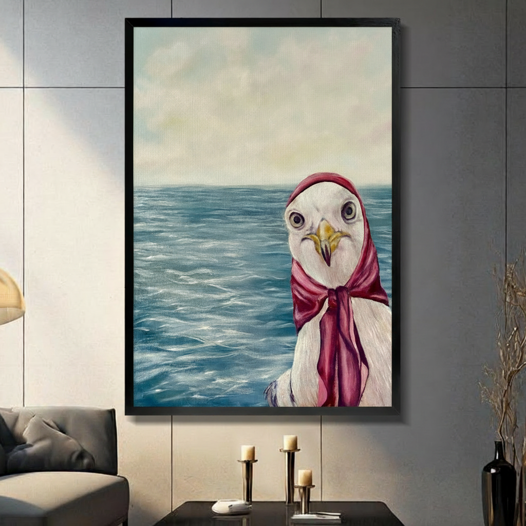 Framed canvas wall art of an oil-painted seagull wearing a red headscarf against a blue ocean background, displayed above a console table with candlesticks in a modern grey living room