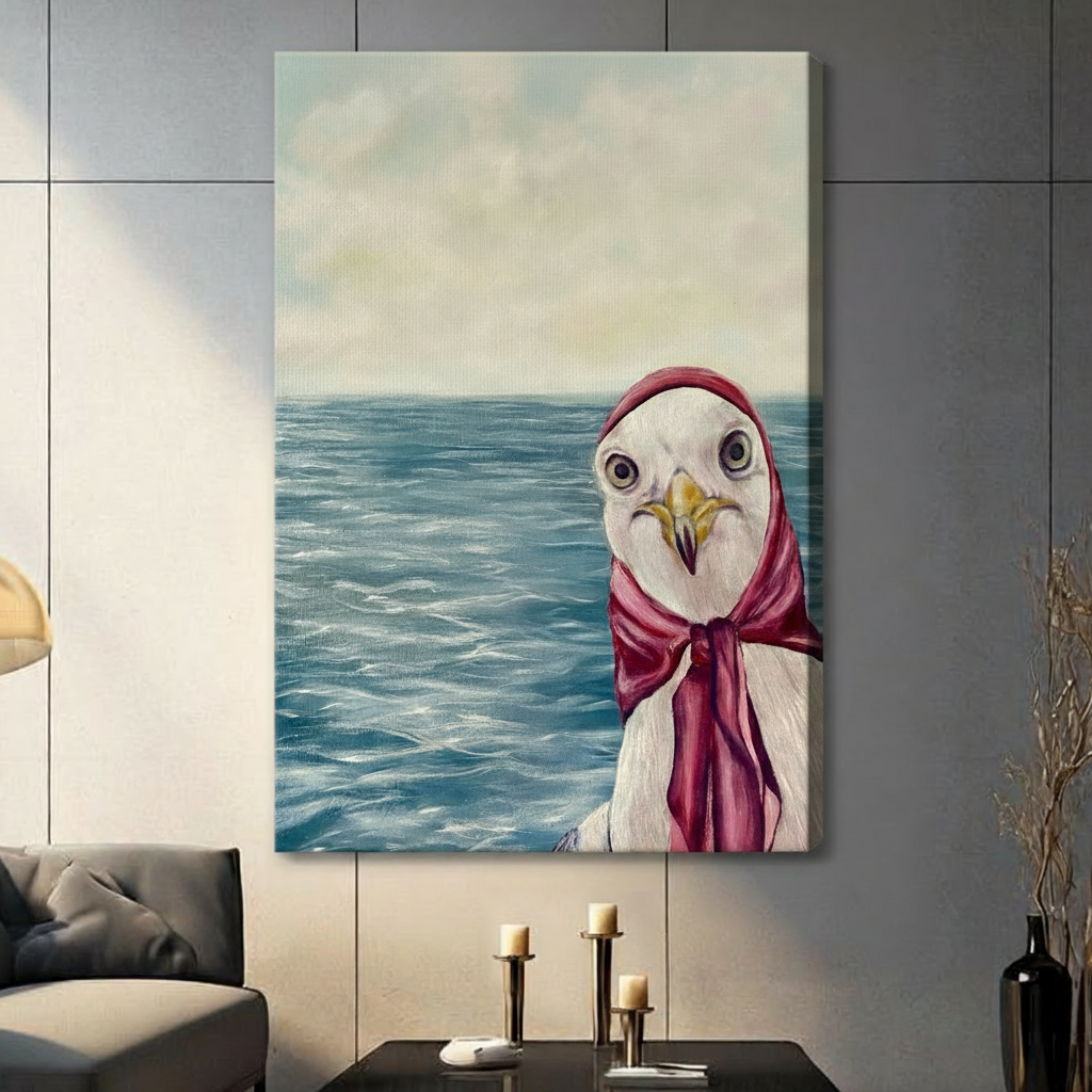Stretched canvas print of a whimsical seagull in a crimson red headscarf and scarf with a blue ocean horizon, gallery-wrapped and hung in a contemporary grey living space
