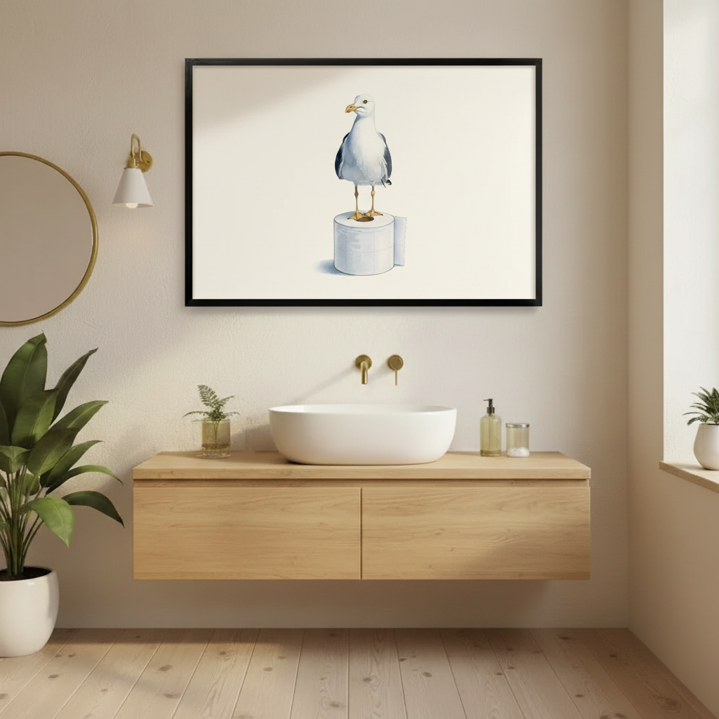 Witty seagull on toilet paper roll framed art print above toilet in warm beige bathroom with wooden vanity and round mirror