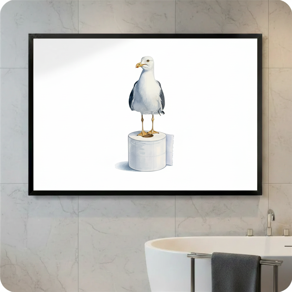 Funny seagull standing on toilet paper roll black framed wall art print displayed in modern marble bathroom above freestanding bathtub