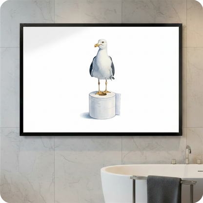 Funny seagull standing on toilet paper roll black framed wall art print displayed in modern marble bathroom above freestanding bathtub