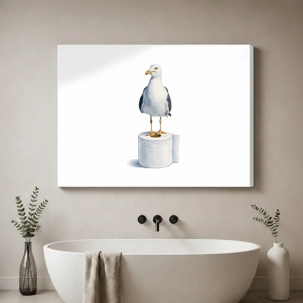 Humorous seagull perched on toilet paper roll canvas wrap print hanging above oval freestanding bathtub in minimalist neutral bathroom