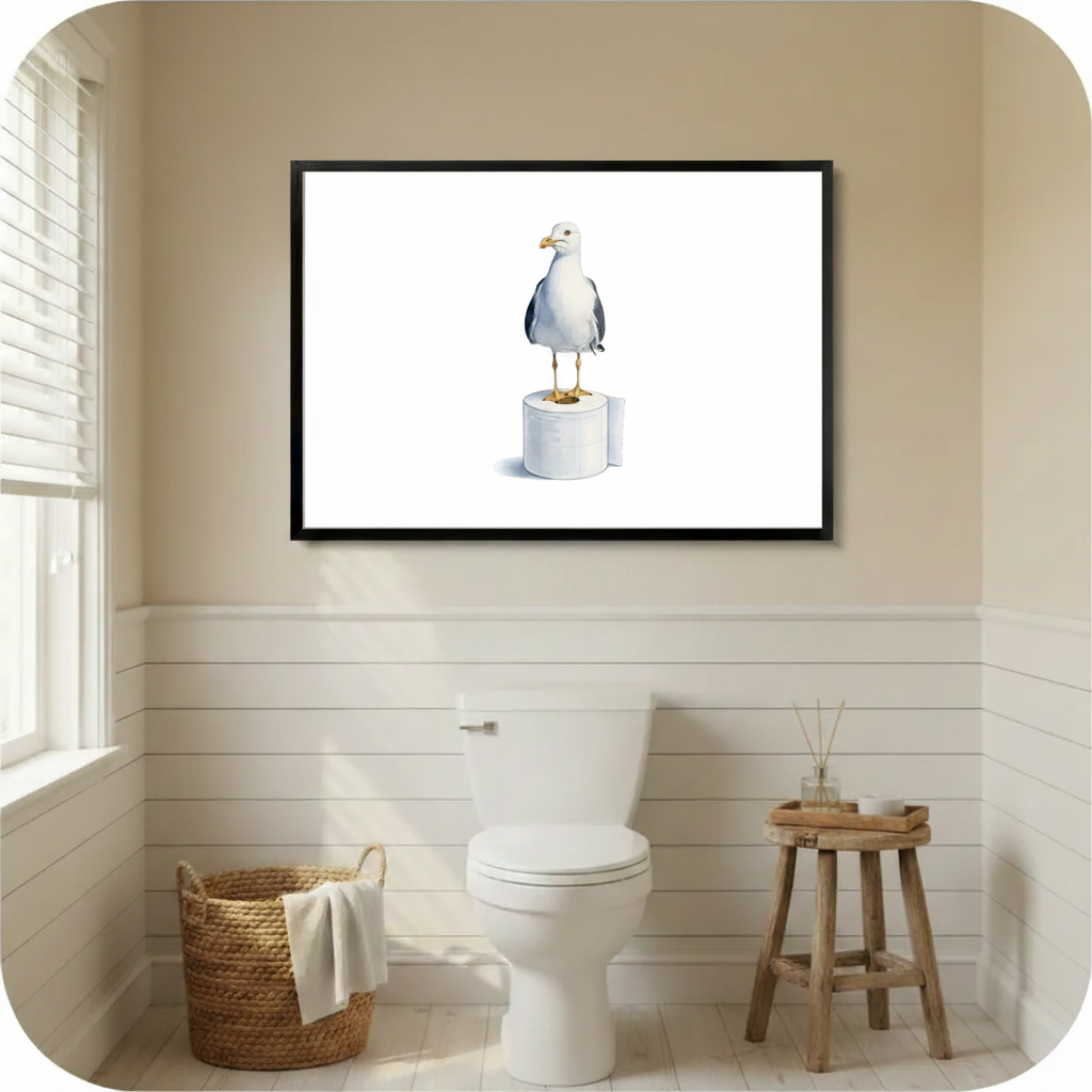 Seagull standing on toilet paper roll funny bathroom wall art black framed print in bright farmhouse-style bathroom with shiplap walls