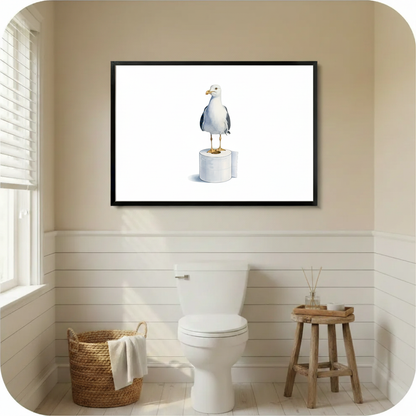 Seagull standing on toilet paper roll funny bathroom wall art black framed print in bright farmhouse-style bathroom with shiplap walls