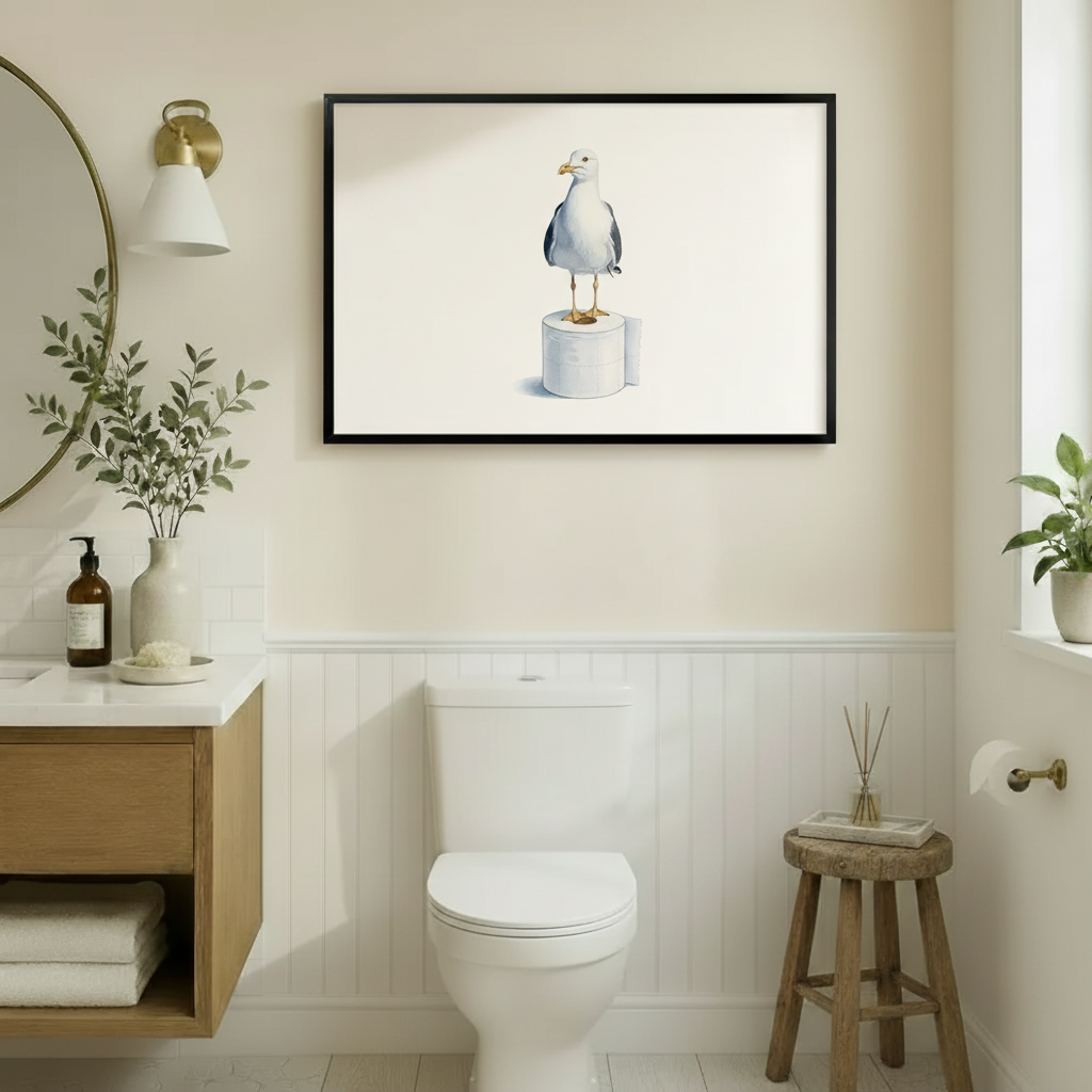 Witty seagull on toilet paper roll framed art print above toilet in warm beige bathroom with wooden vanity and round mirror
