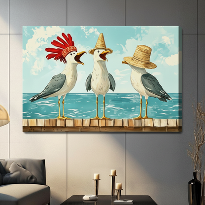 Gallery wrap stretched canvas of three expressive seagulls perched on a wooden pier fence wearing mismatched hats a red feathered headdress a tall pointed yellow straw hat and a wide flat straw hat all with open beaks and animated expressions against a bright turquoise ocean and blue sky whimsical coastal bird humor illustration hung frameless on a gray paneled wall above a dark sofa