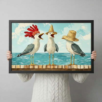 Person in a white cable knit sweater holding up a large black framed funny coastal illustration of three seagulls on a dock wearing a red feather headdress a yellow sombrero and a wide straw hat with open beaks and lively expressions bright blue ocean and sky background whimsical seagull hat canvas art print, front-facing horizontal product size display