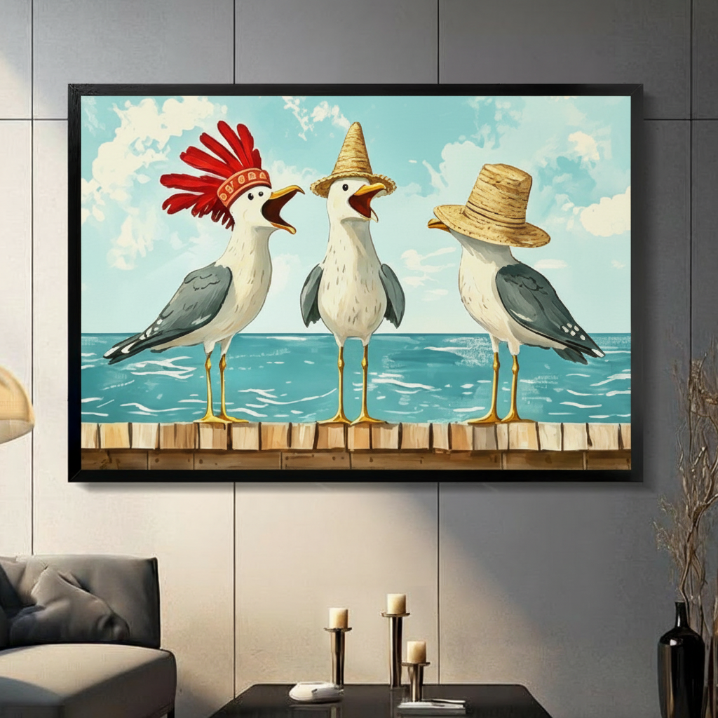 Black framed whimsical coastal illustration of three seagulls standing on a wooden dock railing with one wearing a bold red feather headdress squawking one in a tall yellow straw sombrero calling out and one in a wide-brim straw hat looking sideways bright blue ocean and cloudy sky background funny seagull hat humor canvas wall art displayed in a modern gray paneled living room with dark sofa and pillar candlesticks