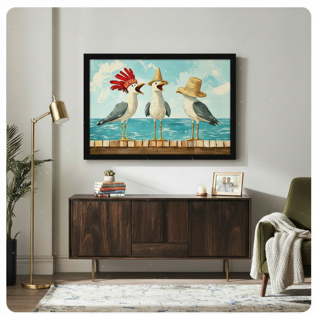 Black framed vibrant whimsical coastal illustration of three noisy seagulls perched on a wooden pier each wearing a different hat a dramatic red feathered headdress a tall yellow sombrero and a casual wide straw hat with beaks open and personalities on full display bright turquoise ocean and sky background funny seagull canvas wall art hung above a dark walnut sideboard with stacked books and a succulent beside a brass floor lamp and olive green armchair