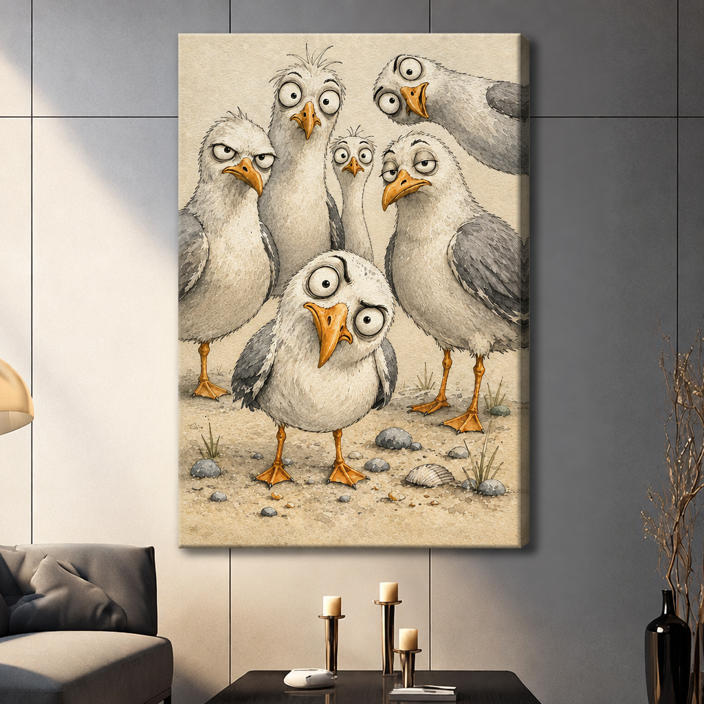 Whimsical pencil-style illustration of five seagulls with exaggerated wild expressions crowding together on a sandy beach with pebbles and shells one small seagull in the foreground looking alarmed funny coastal bird wall art stretched canvas dark panel wall living room
