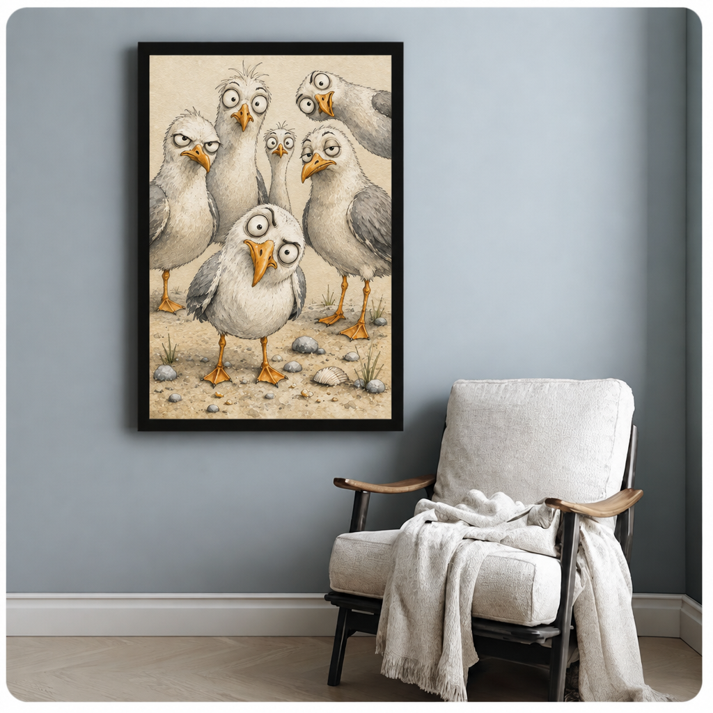 Whimsical pencil-style illustration of five seagulls with exaggerated wild expressions crowding together on a sandy beach with pebbles and shells one small seagull in the foreground looking alarmed funny coastal bird wall art framed print beside armchair blue-gray wall