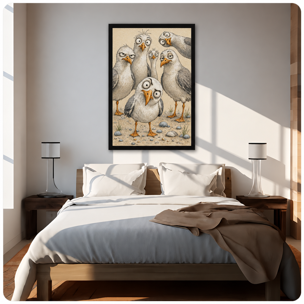 Whimsical pencil-style illustration of five seagulls with exaggerated wild expressions crowding together on a sandy beach with pebbles and shells one small seagull in the foreground looking alarmed funny coastal bird wall art framed print above bed sunlit bedroom