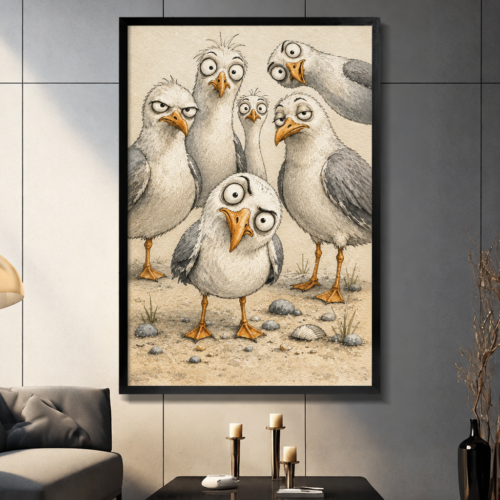 Whimsical pencil-style illustration of five seagulls with exaggerated wild expressions crowding together on a sandy beach with pebbles and shells one small seagull in the foreground looking alarmed funny coastal bird wall art framed print dark panel wall living room