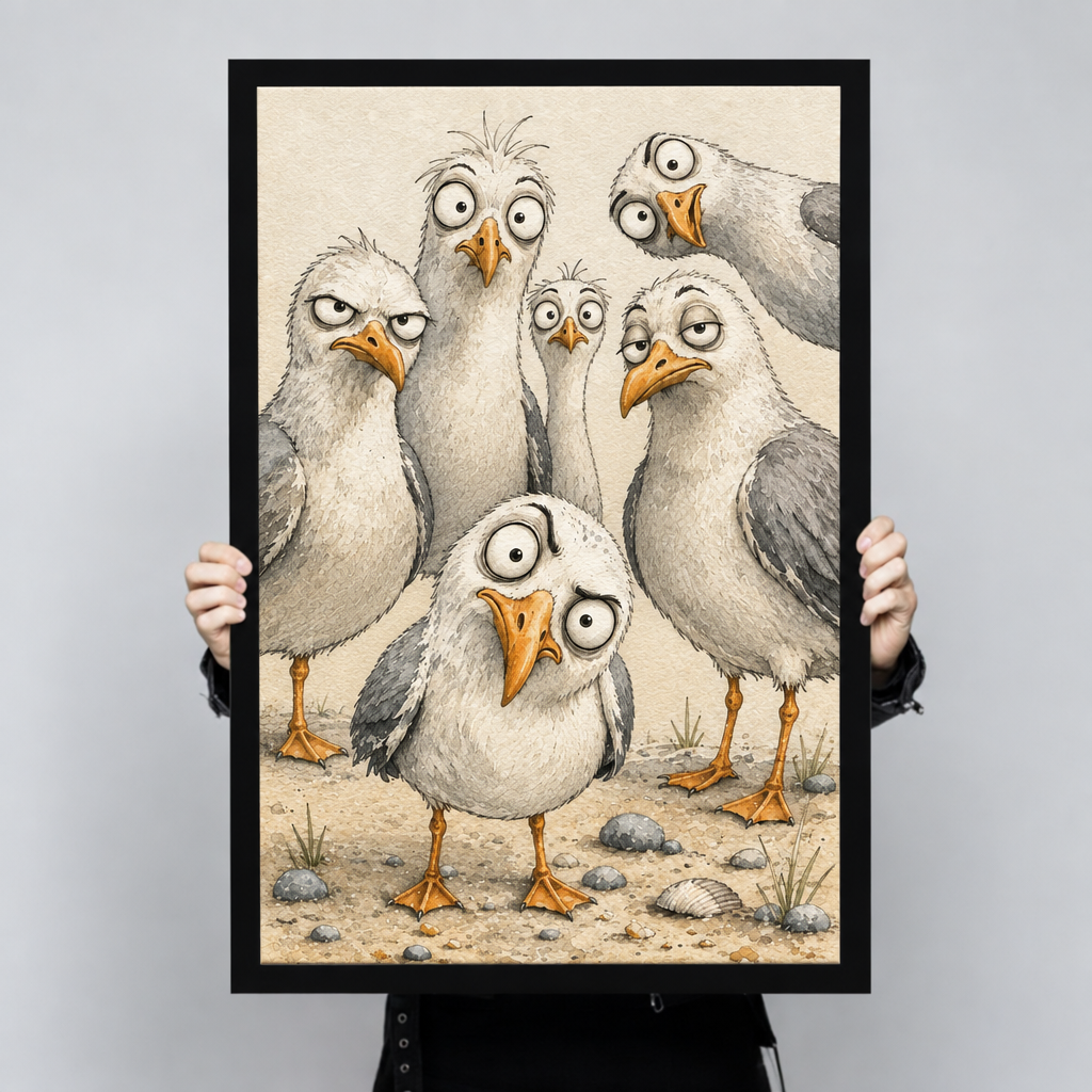 Whimsical pencil-style illustration of five seagulls with exaggerated wild expressions crowding together on a sandy beach with pebbles and shells one small seagull in the foreground looking alarmed funny coastal bird wall art framed print held up