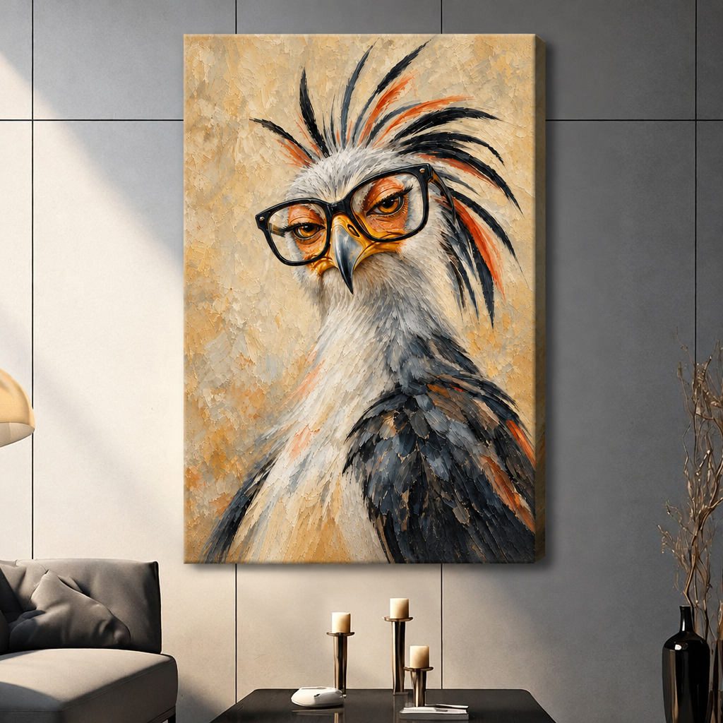 Oil painting close-up portrait of a grumpy secretary bird with wild black and orange spiked crest feathers and oversized black-rimmed glasses on a textured sandy gold background funny bird wall art stretched canvas dark panel wall living room