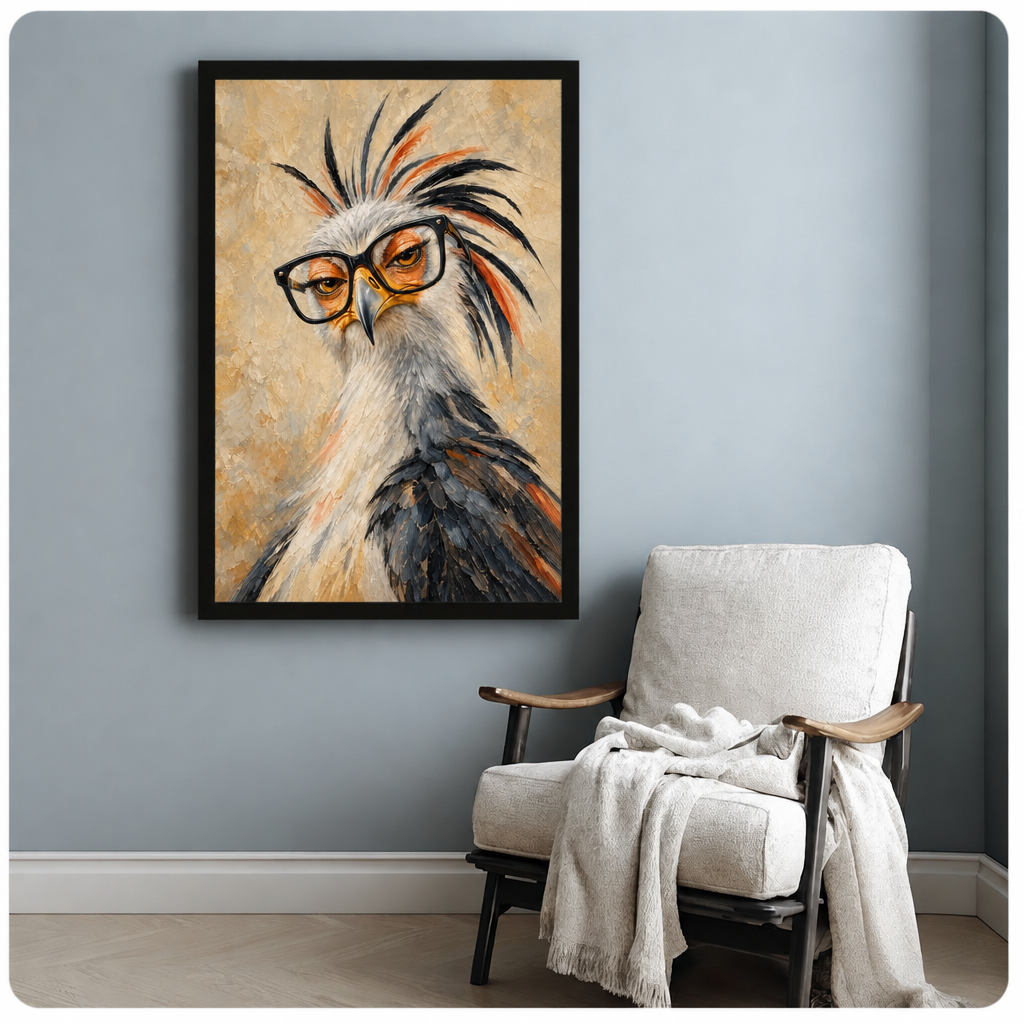 Oil painting close-up portrait of a grumpy secretary bird with wild black and orange spiked crest feathers and oversized black-rimmed glasses on a textured sandy gold background funny bird wall art framed print beside armchair blue-gray wall