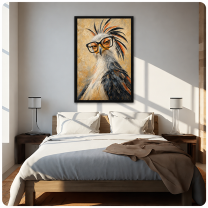 Oil painting close-up portrait of a grumpy secretary bird with wild black and orange spiked crest feathers and oversized black-rimmed glasses on a textured sandy gold background funny bird wall art framed print above bed sunlit bedroom
