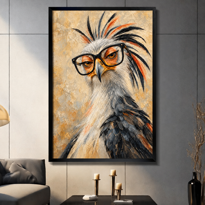 Oil painting close-up portrait of a grumpy secretary bird with wild black and orange spiked crest feathers and oversized black-rimmed glasses on a textured sandy gold background funny bird wall art framed print dark panel wall living room