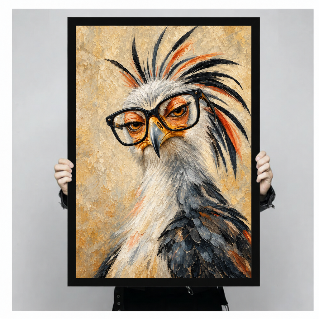 Oil painting close-up portrait of a grumpy secretary bird with wild black and orange spiked crest feathers and oversized black-rimmed glasses on a textured sandy gold background funny bird wall art framed print held up