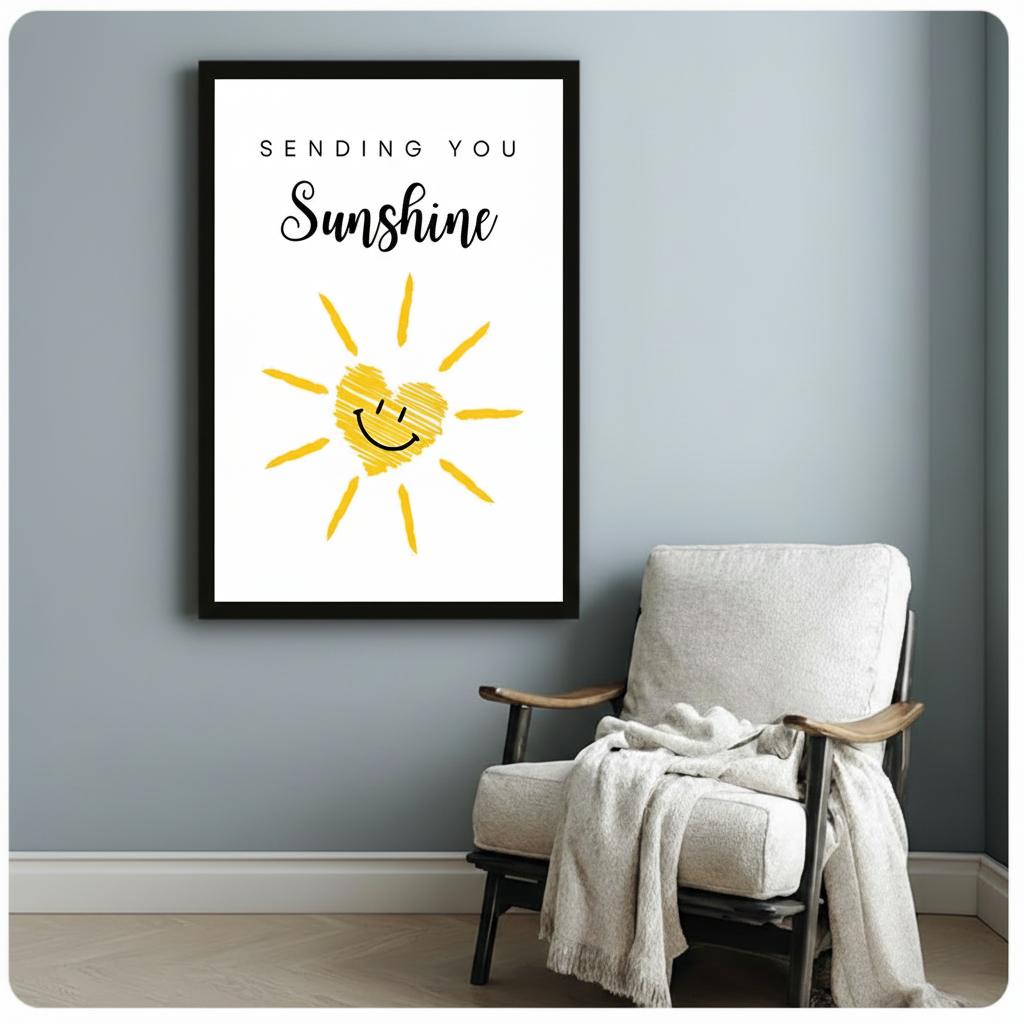 Black framed art print featuring Sending You Sunshine lettering above a cheerful hand-drawn yellow sun with a heart-shaped smiling face, minimalist doodle canvas wall art on white background, hung on a blue-gray wall beside a white upholstered lounge chair with a cream throw blanket draped over the arm
