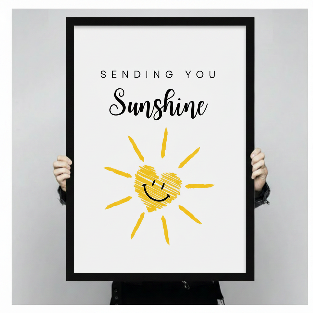 Hands holding a large black framed canvas print of a yellow smiley sun with a cross-hatched heart face and Sending You Sunshine quote in bold script, cheerful hand-drawn sunshine illustration on white background against a light gray backdrop