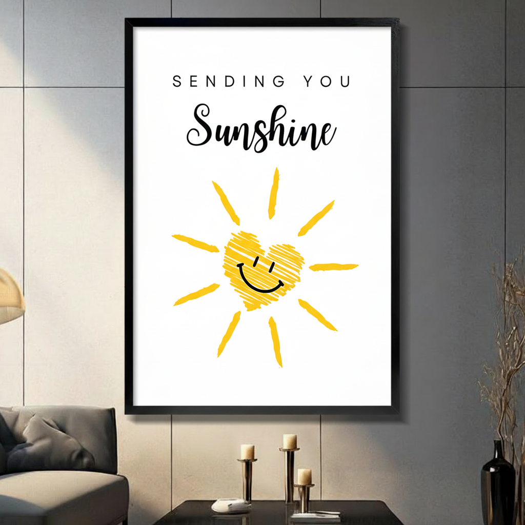 Black framed canvas wall art with Sending You Sunshine quote in mixed serif and script typography above a hand-drawn yellow sun with a heart-shaped smiley face, cheerful doodle illustration on white background, displayed above a dark console table with three pillar candles and a black vase against a gray slate paneled wall