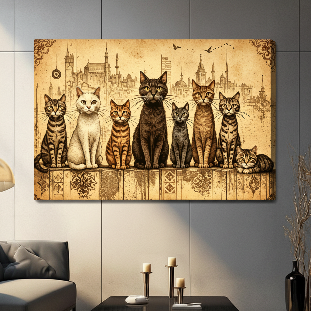 Antique parchment-style art print of seven cats lined up on a decorated wooden shelf including tabby white orange black gray and kitten varieties against a warm golden background with a sketched Istanbul mosque skyline and ornate baroque corner details vintage cat wall art stretched canvas in a living room with dark gray sofa candle holders and black vase