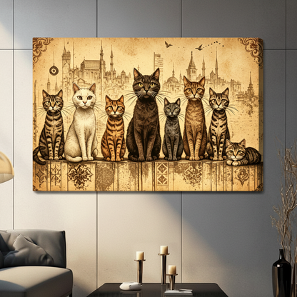 Antique parchment-style art print of seven cats lined up on a decorated wooden shelf including tabby white orange black gray and kitten varieties against a warm golden background with a sketched Istanbul mosque skyline and ornate baroque corner details vintage cat wall art stretched canvas in a living room with dark gray sofa candle holders and black vase
