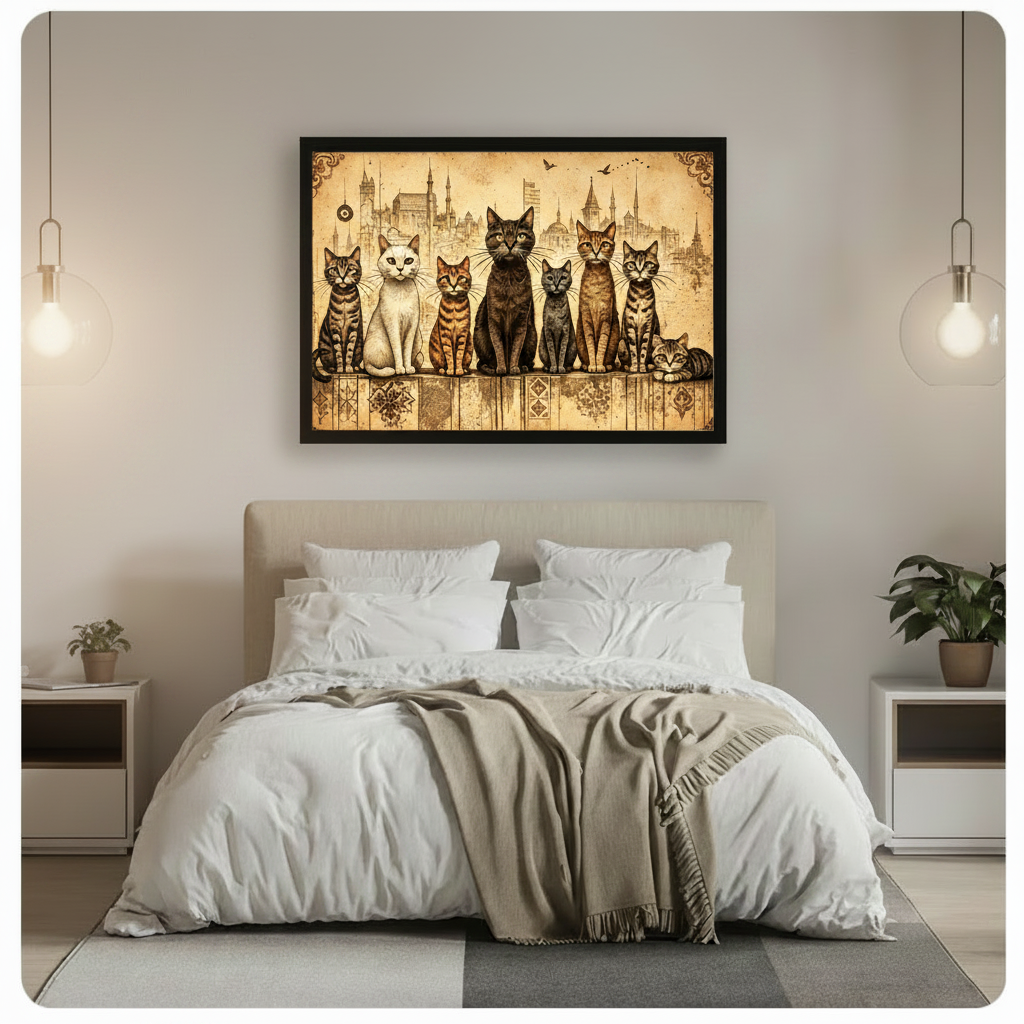 Vintage golden parchment illustration of seven cats sitting together on an ornate wooden ledge with a soft sepia sketch of Istanbul minarets and mosque domes in the background and decorative baroque corner details antique cat wall art framed print above a modern bedroom with white linen bedding white nightstands potted plants and glass pendant lights