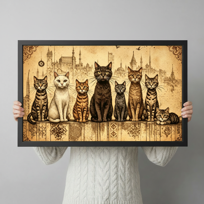 Ottoman vintage illustration of seven cats in a row on an ornamental wooden ledge with a sepia Istanbul skyline of domed mosques and minarets on aged golden parchment with baroque corner scrollwork vintage cat squad wall art framed print held up against a light gray background