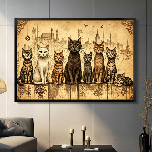 Vintage Ottoman-style illustration of seven cats sitting in a row on an ornate wooden ledge with a sepia Istanbul skyline showing mosque domes and minarets on an aged golden parchment background with baroque corner ornaments cat gang wall art framed print in a living room with dark gray tiled wall gray sofa candle holders and black vase