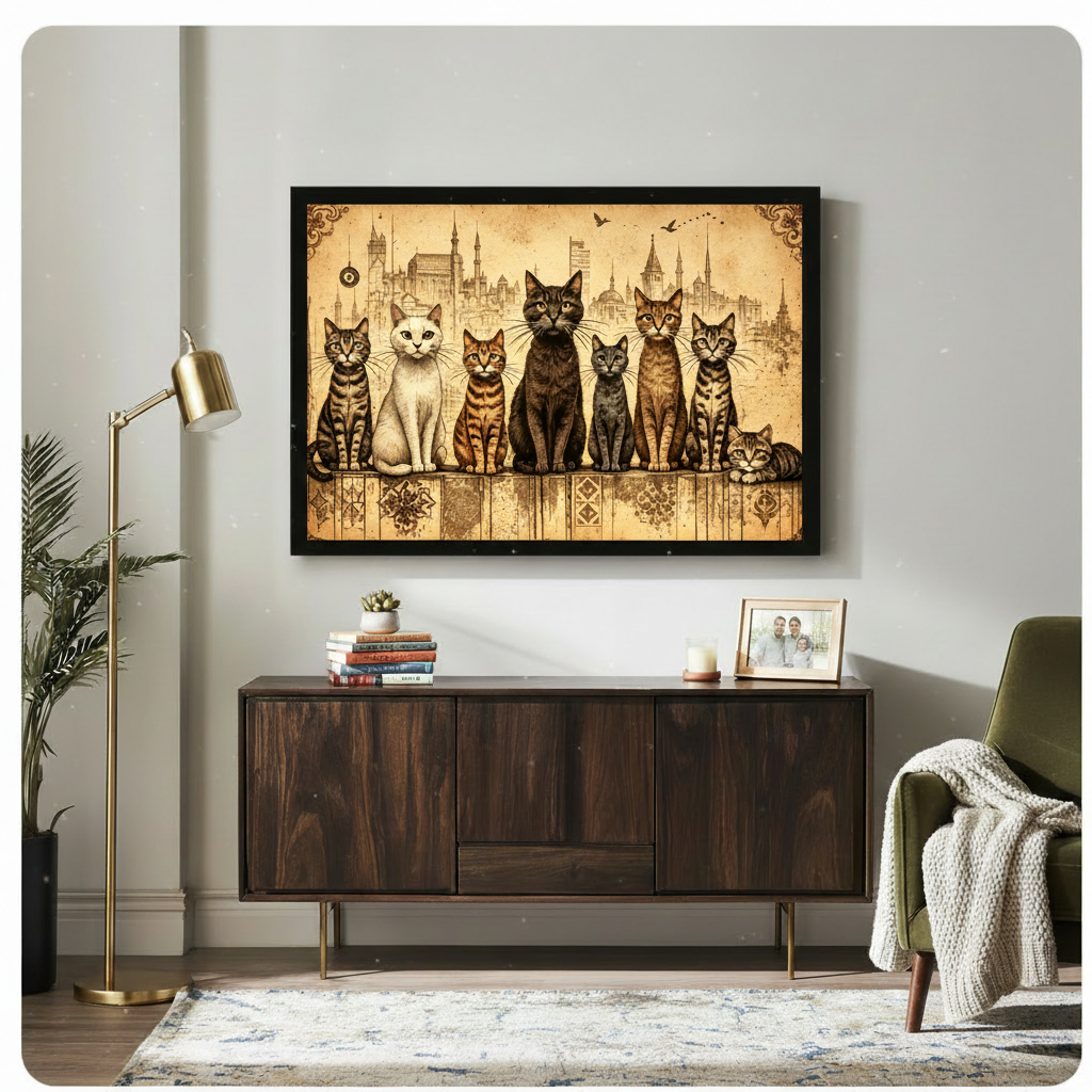 Antique Ottoman-style art print of seven cats including striped tabby white orange black gray and kitten lined up on a decorative wooden shelf against a warm golden aged parchment background with a faint Istanbul skyline of minarets and domes and ornate baroque border details vintage cat wall art framed print above a living room dark wood sideboard with gold floor lamp green armchair and potted plants