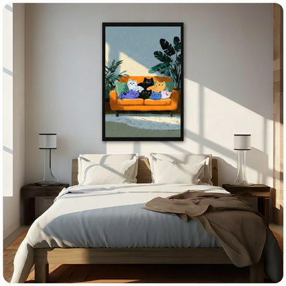 Seven colorful cats on orange sofa framed canvas displayed above bed in sunlit neutral bedroom - cheerful flat illustration cat family wall art with tropical houseplants and powder blue palette for playful bedroom decor