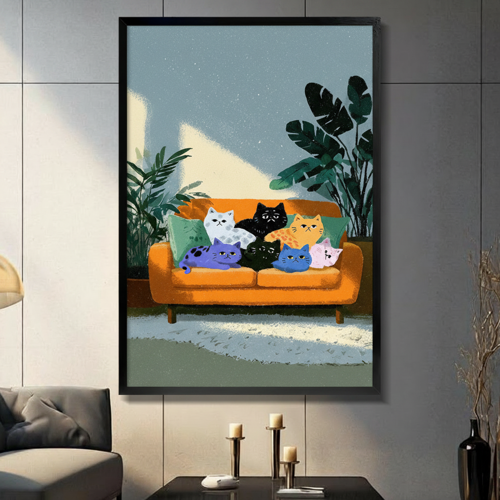 Seven colorful cats lounging on orange mid-century sofa with tropical plants framed wall art - flat illustration style cat canvas print with powder blue sky white black orange purple and pink cats for living room decor