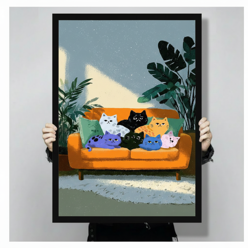 Hands holding large framed seven cats on orange sofa canvas print - full artwork detail of flat illustration style multicolor cat group including white black orange tabby purple blue and pink cats with tropical plant background