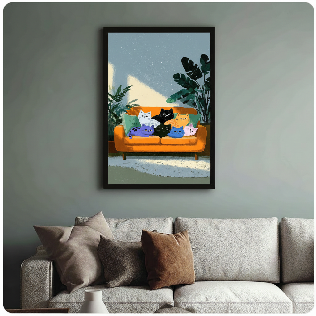 Seven cats on orange sofa framed art print above cream bouclé sofa on sage grey wall - playful flat illustration cat canvas wall decor with tropical houseplants and warm sunlight palette