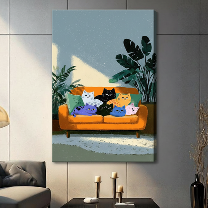Unframed seven cats on orange sofa with monstera and palm plants canvas print - cheerful flat illustration cat wall art with sunlit powder blue interior and multicolor cat family for contemporary home decor