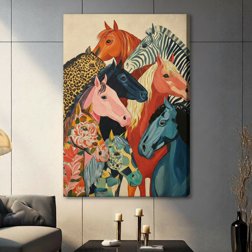 Colorful folk art painterly illustration of seven horse heads packed together in a vibrant layered composition with varied patterns including zebra stripes leopard print floral roses and solid pink blue and chestnut tones on a warm vintage cream background bold horse wall art stretched canvas in a living room with dark gray panel wall dark sofa and black vase