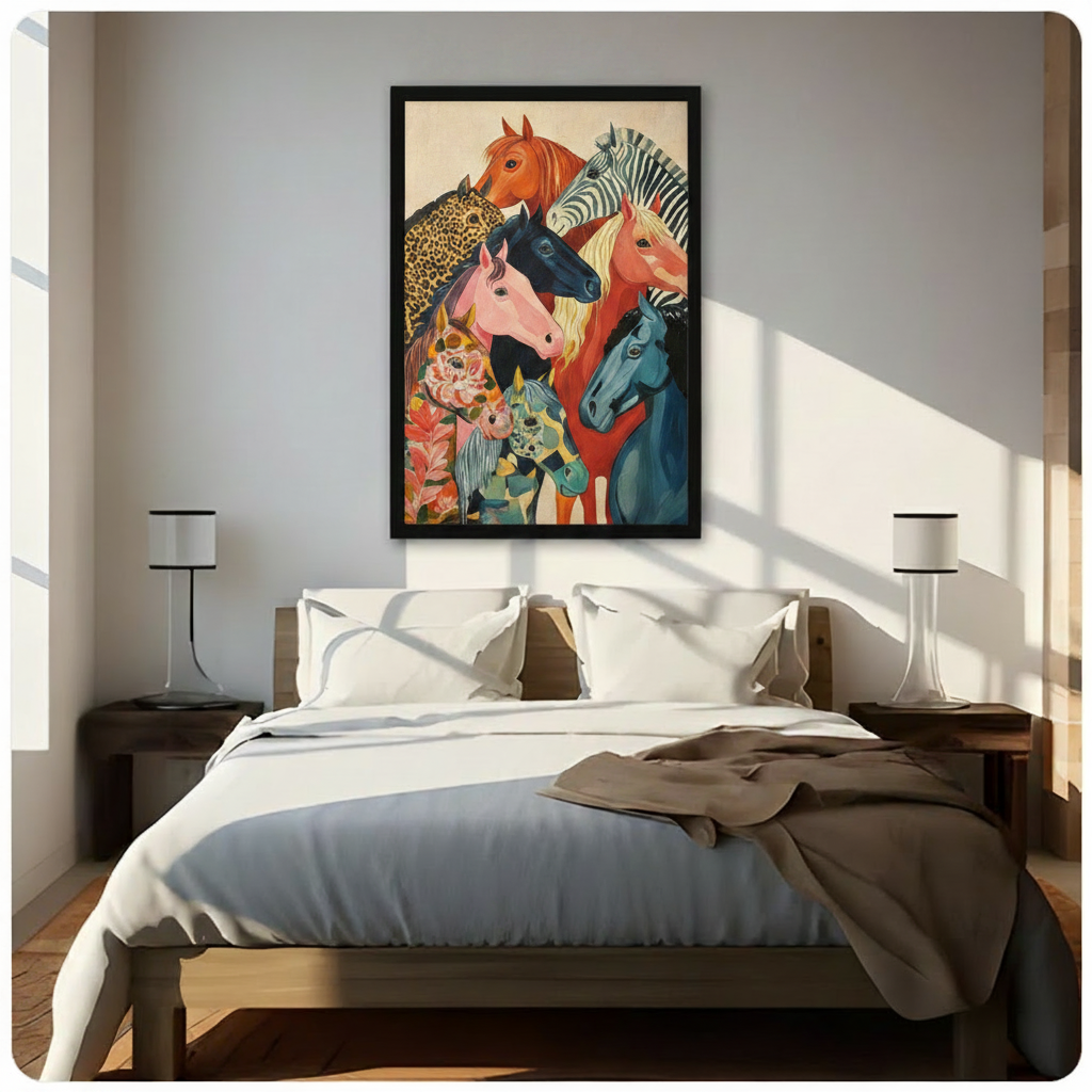 Colorful folk art illustration of seven stylized horse heads clustered together featuring a chestnut horse zebra-patterned horse pink horse navy blue horse leopard-print horse floral horse and teal spotted horse on a warm cream aged background whimsical horse wall art framed print above a bedroom with white linen bedding dark wood bed frame and white table lamps