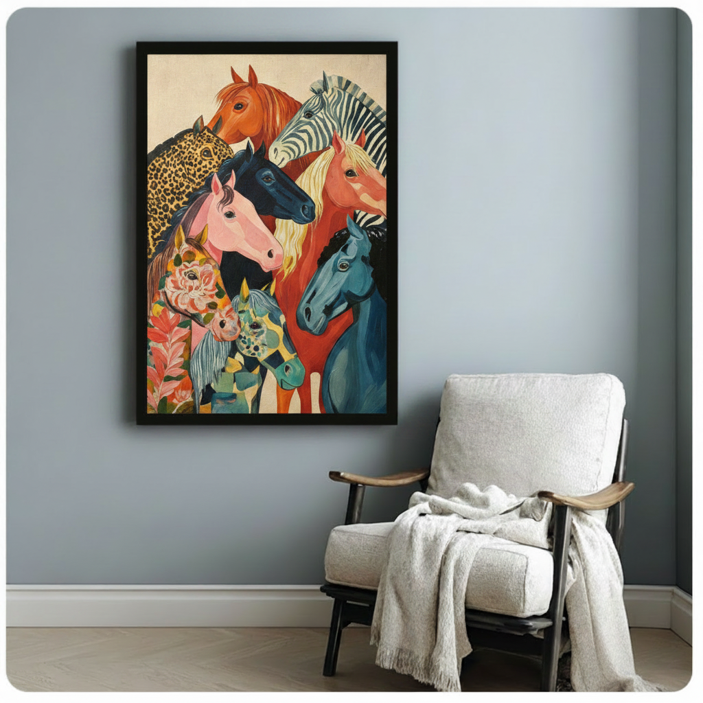 Colorful folk art painting of seven expressive horse heads in a close layered composition featuring zebra stripes leopard spots floral patterns and bold solid colors including pink blue and chestnut on a warm cream background eclectic horse wall art framed print beside a white linen armchair on a blue gray wall