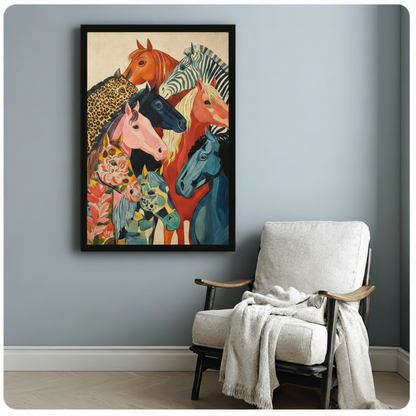 Colorful folk art painting of seven expressive horse heads in a close layered composition featuring zebra stripes leopard spots floral patterns and bold solid colors including pink blue and chestnut on a warm cream background eclectic horse wall art framed print beside a white linen armchair on a blue gray wall