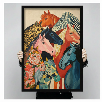 Colorful folk art painterly illustration of seven unique horse heads in a tightly composed layered portrait including zebra-striped leopard-print floral pink blue and chestnut horses on a warm cream vintage background vibrant eclectic horse wall art framed print held against a light gray background