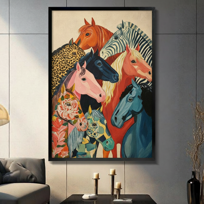 Colorful folk art painterly illustration of seven uniquely patterned horse heads grouped together including a chestnut horse a zebra-striped horse a pink horse a deep blue horse a leopard-print horse a floral rose horse and a teal spotted horse against a warm cream vintage background vibrant horse wall art framed print in a living room with dark gray panel wall dark sofa and black vase