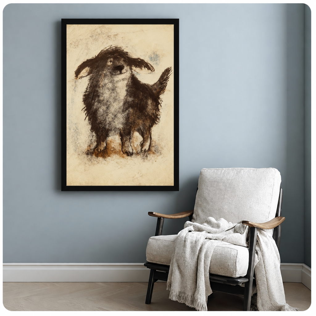 Shaggy dog canvas wall art beside a white armchair, depicting a fluffy dog with floppy ears and a light-colored chest