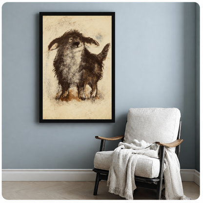 Shaggy dog canvas wall art beside a white armchair, depicting a fluffy dog with floppy ears and a light-colored chest