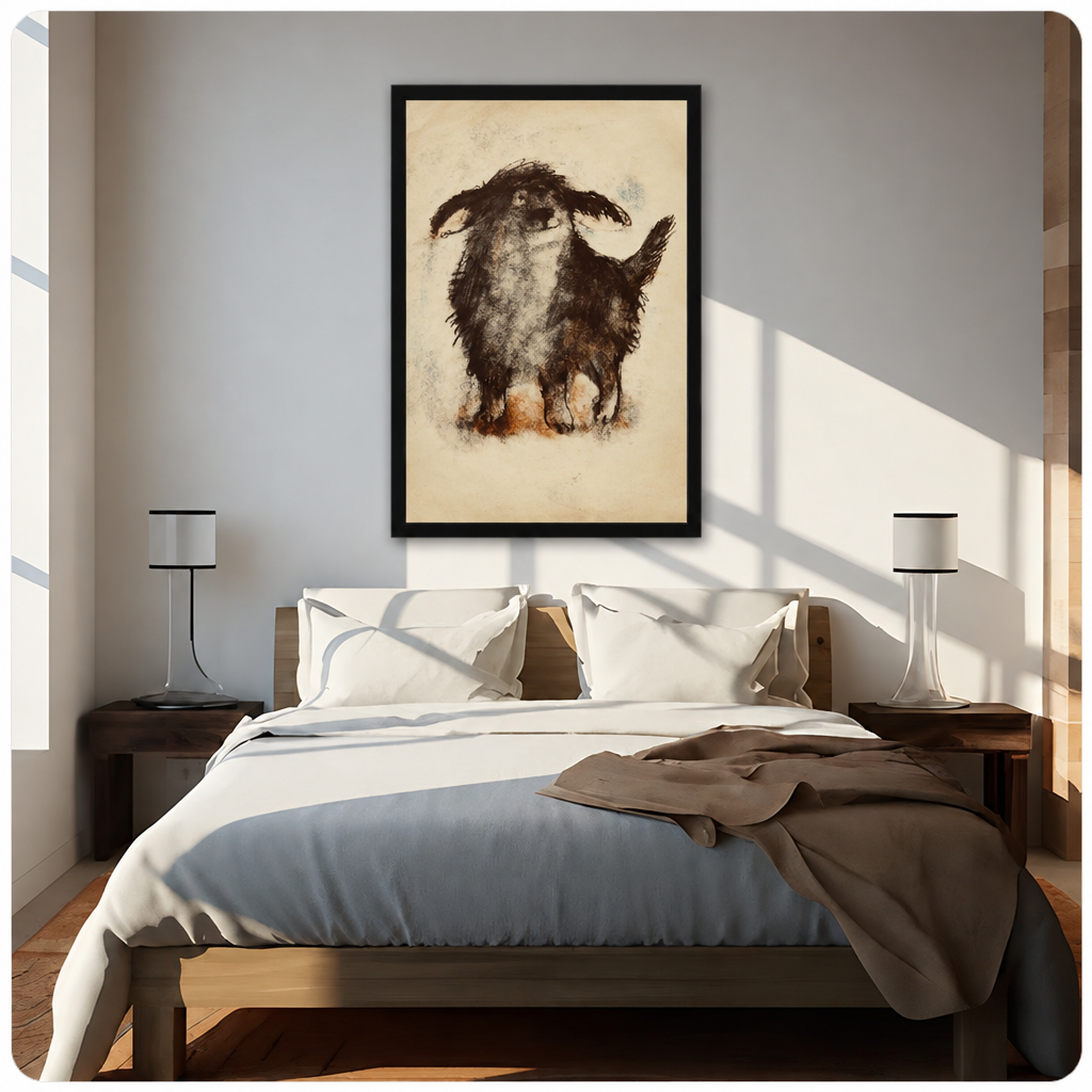 Shaggy dog canvas wall art above a bed, showing a floppy-eared dog with a raised tail in warm neutral tones⠋

